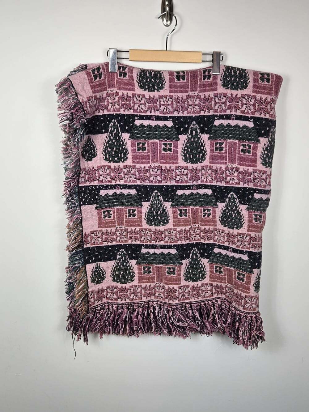 Vintage Cottagecore Woven Throw Blanket Pink Cabin Tapestry Fringe 60x47